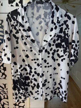 Pink Clove Black and White Spot Print Button-Down Top / dalmatian print!